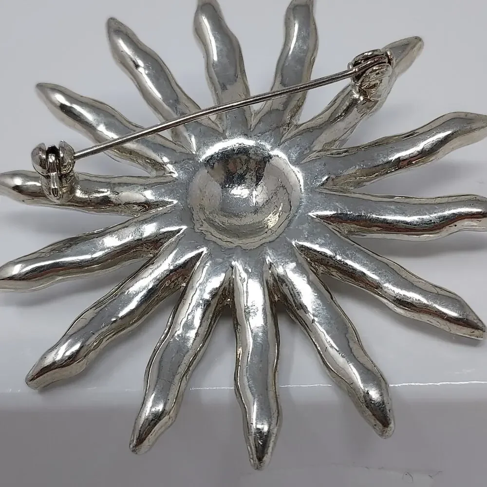 Vintage Brooch Starburst Atomic Rhinestone Silver Tone Celestial Sun Retro 2